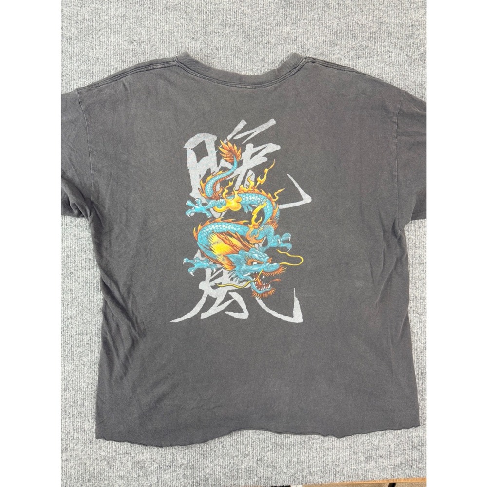 Vintage Dragon Graphic T Shirt Mens L Faded Black Cropped Distressed Y2K
